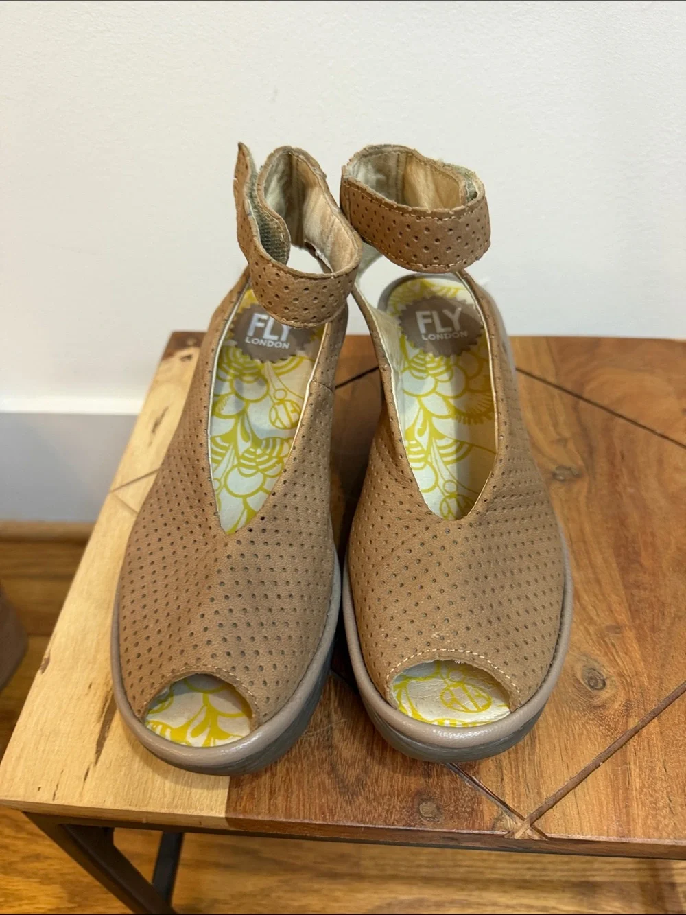 Fly London Tan Perforated Peep-Toe Wedge Sandals with Ankle Strap, Size 36